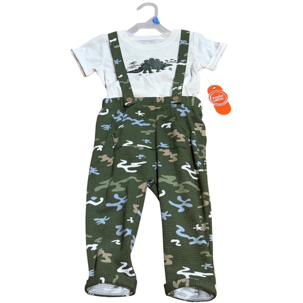 NWT Wonder Nation Baby Boys 24M 2-Piece Outfit Set Dinosaur Shirt & Suspenders